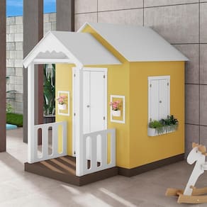 Casinha De Brinquedo Artesanal Com Varanda Mdf Branco/amarelo L12 - Criança Feliz