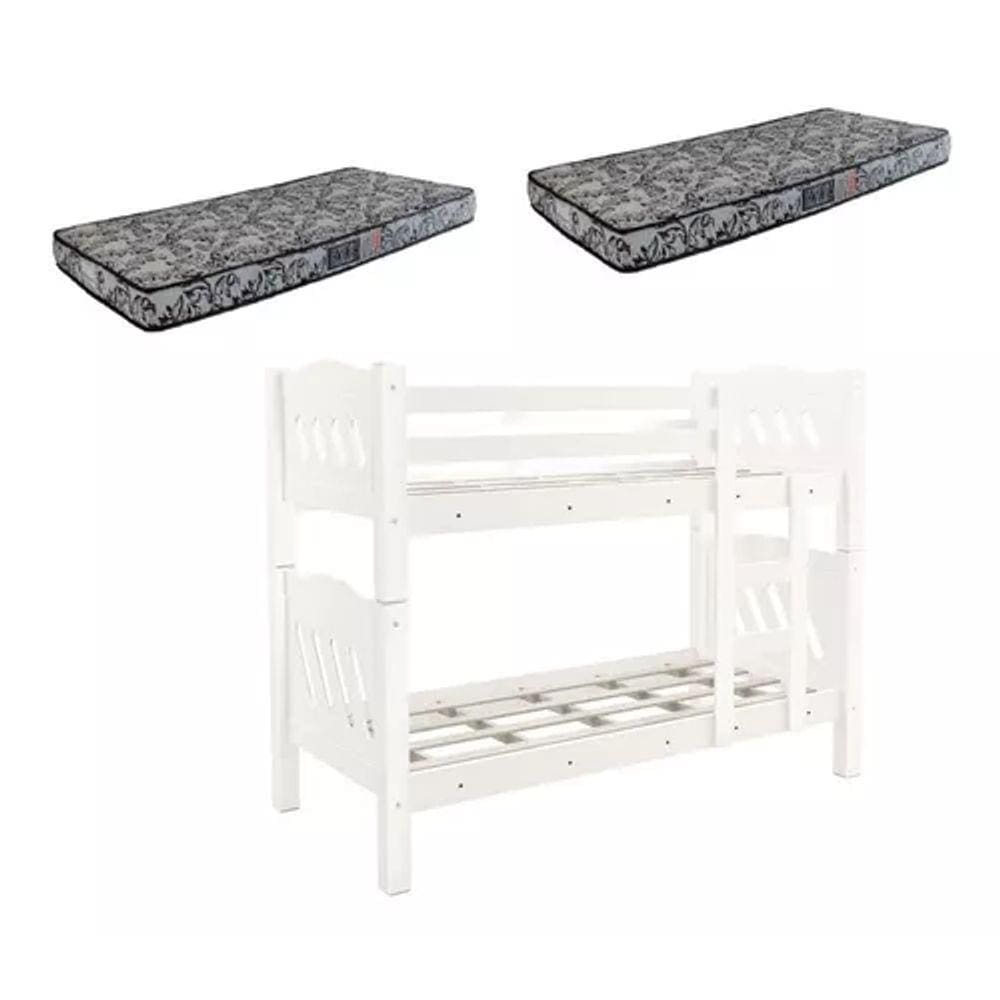 Beliche Perola Branco Versátil Vira 2 Camas com Colchão Solteiro 188x88- Estrado 100% Madeira Fenix