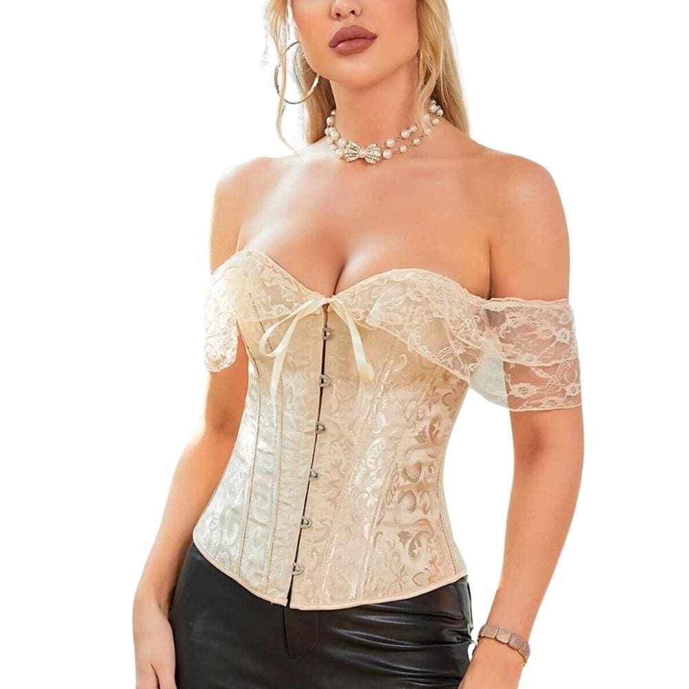 Corset Corselet Blusa Modeladora Manga Curta Renda Floral Linha Casual Creme M737