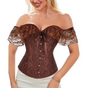Corset Corselet Blusa Modeladora Manga Curta Renda Floral Linha Casual Marrom M735