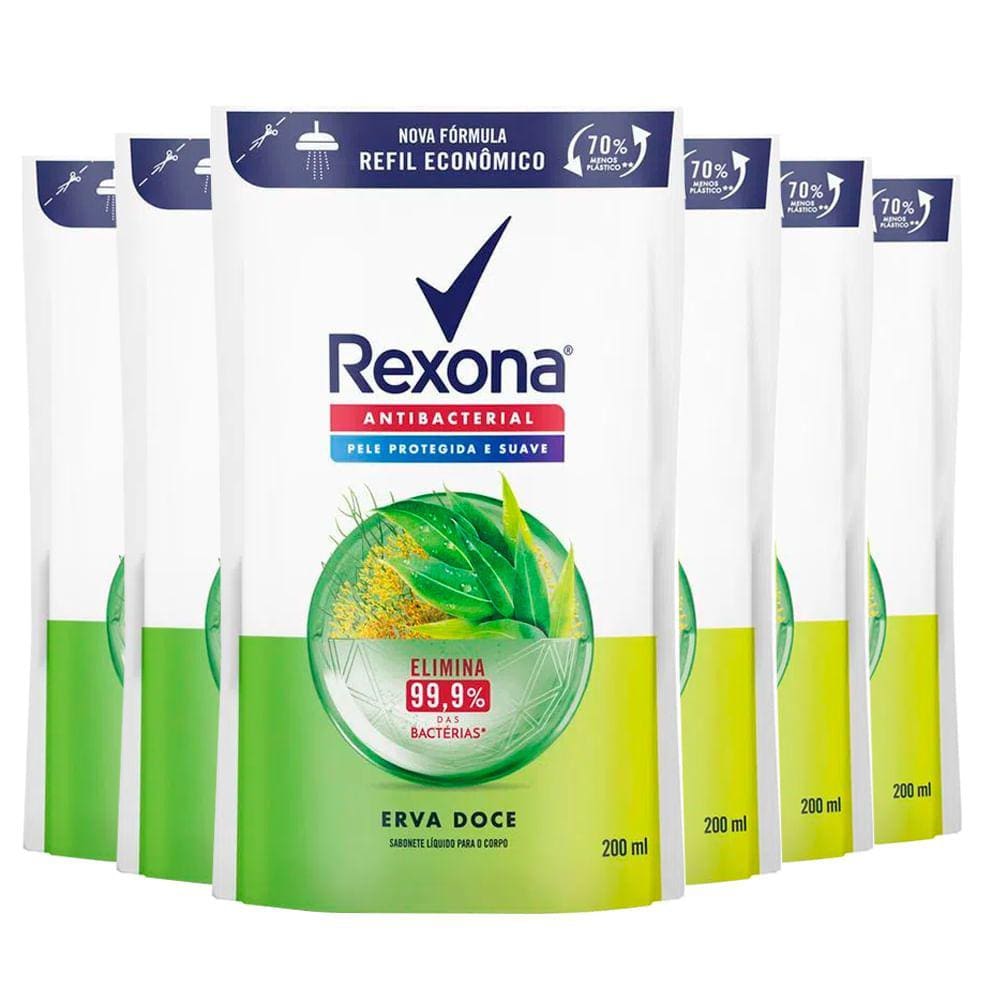 Kit Sabonete Líquido Rexona Refil Antibacterial Erva Doce 200ml 6 Unidades