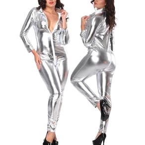 Macacão Catsuit Fantasia Jumpsuit Dança Festa Cosplay Prata M191