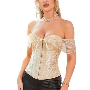 Corset Corselet Blusa Modeladora Manga Curta Renda Floral Linha Casual Creme M737