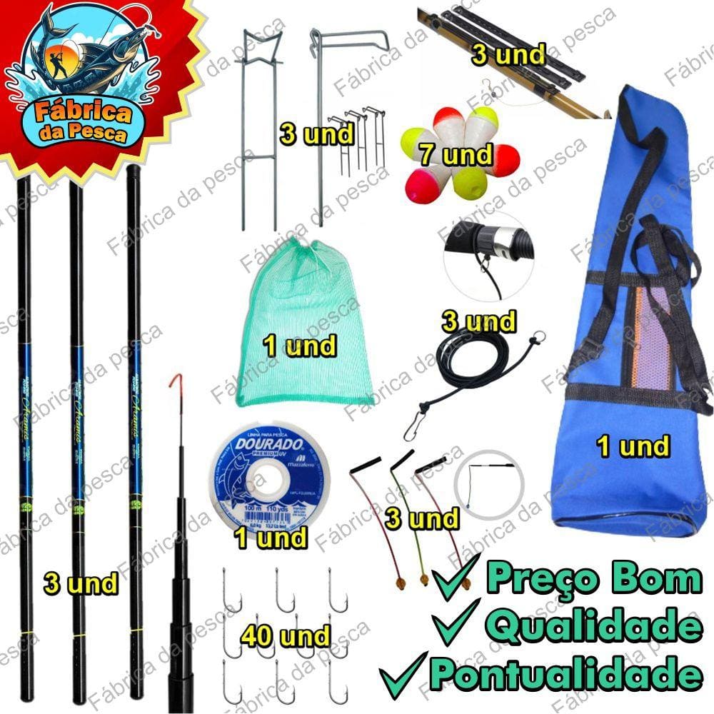 Kit De Pesca Completo 3 Varas Telescopica, 3,60 Com Aces.