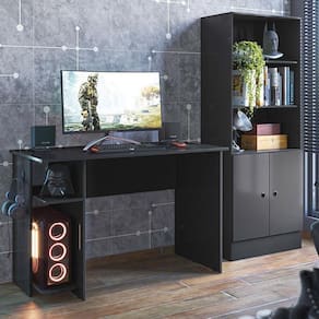 Kit Mesa Computador Gamer 3875 E Armario 2 Portas 4095 Preto Fosco Preto Fosco