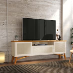Rack para TV até 75 Polegadas 3 Portas com Pés em Madeira Maciça Rattan 178cm