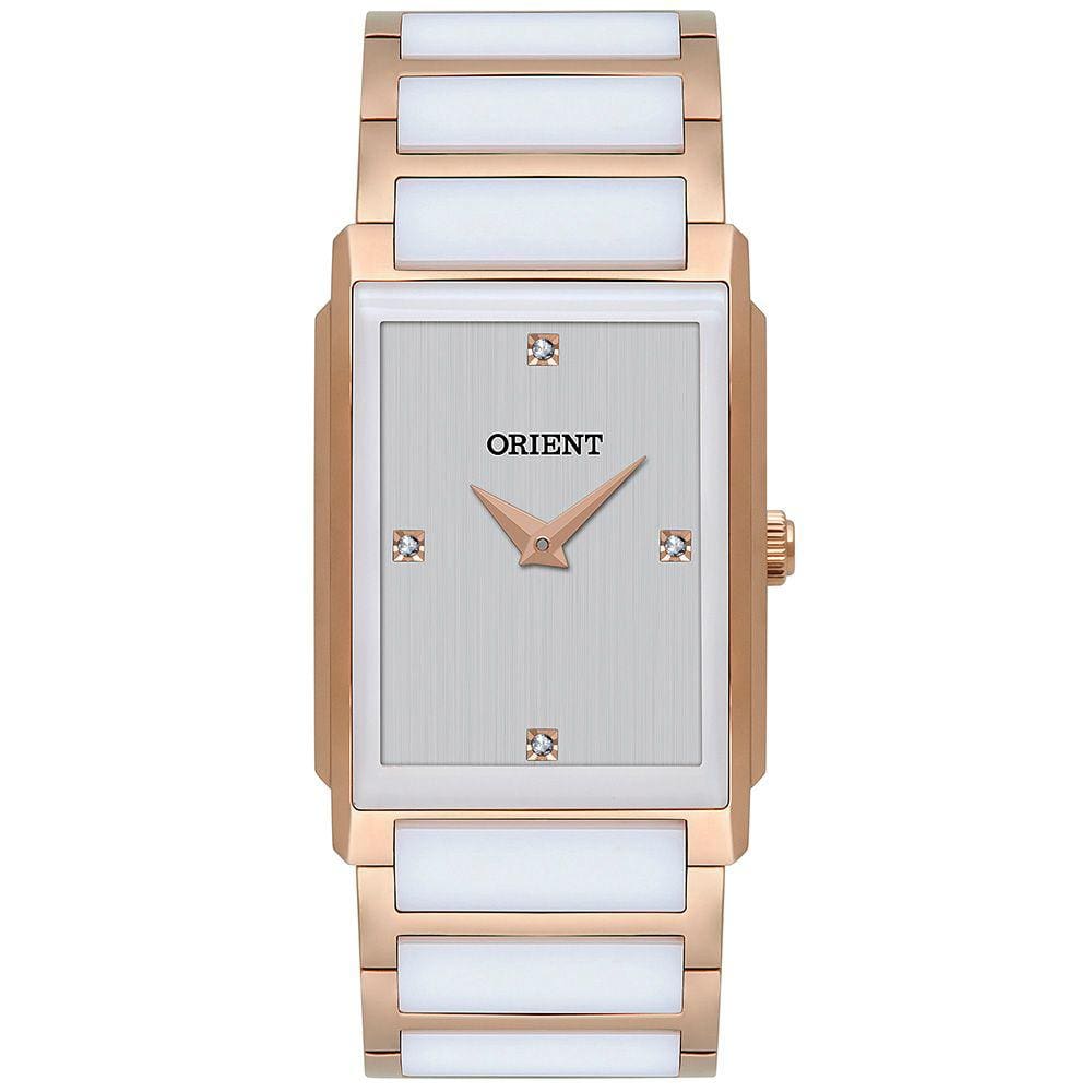 Relógio de Pulso Orient Feminino Analógico Aço Inox Banhado Ouro Rosa Cerâmica LTSK0003 S1RB