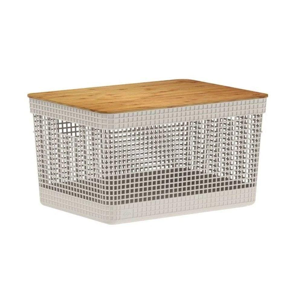 Cesto Organizador Grid Bege 20 L Com Tampa De Bambu 39 X 29 X 22,6 Cm