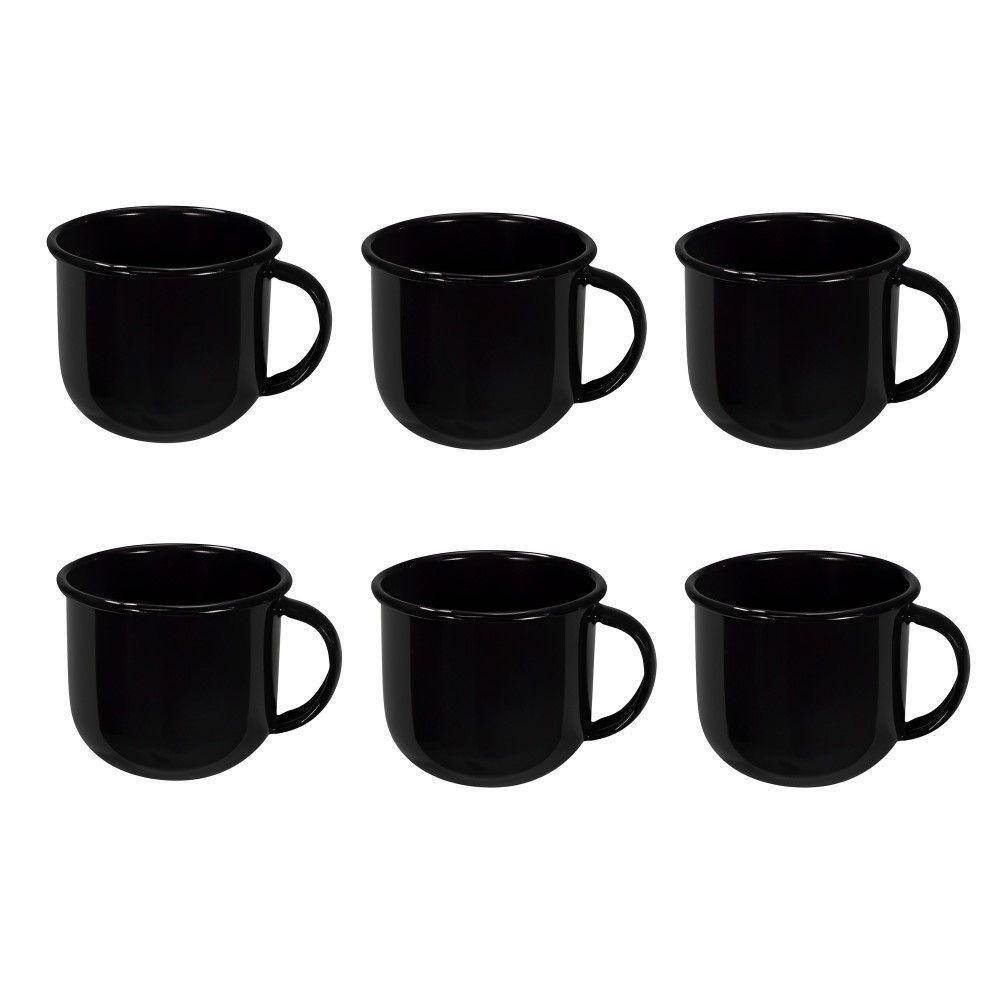 Jogo De Xícara De Chá 06 Peças Esmaltada Preto 240 Ml Ewel