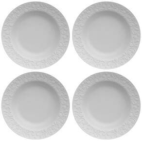 Jogo 4 Pratos Fundos Redondos 23,5cm em Porcelana com Relevo Tassel Germer Branco