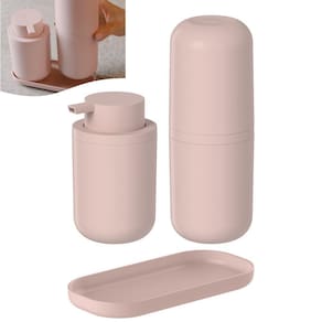 Kit Dispenser Porta Sabonete Líquido Suporte Escova Creme Dental Bandeja Pia Banheiro Rosa Bold - KTE 129 Ou