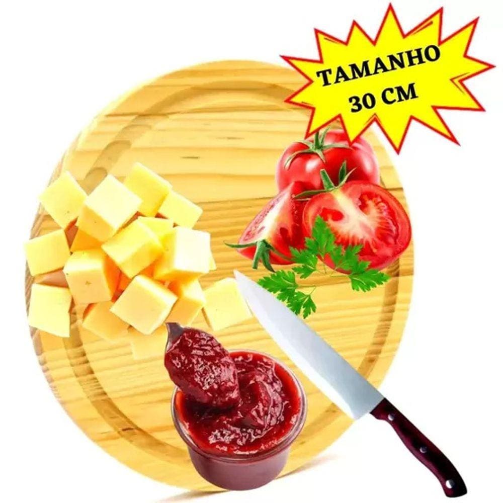 Tabua para Cortar Carnes ou Servir Pizza - 30cm - Tábua de Corte e Frios Redonda - Churrasco - Cozinha - PANAMI