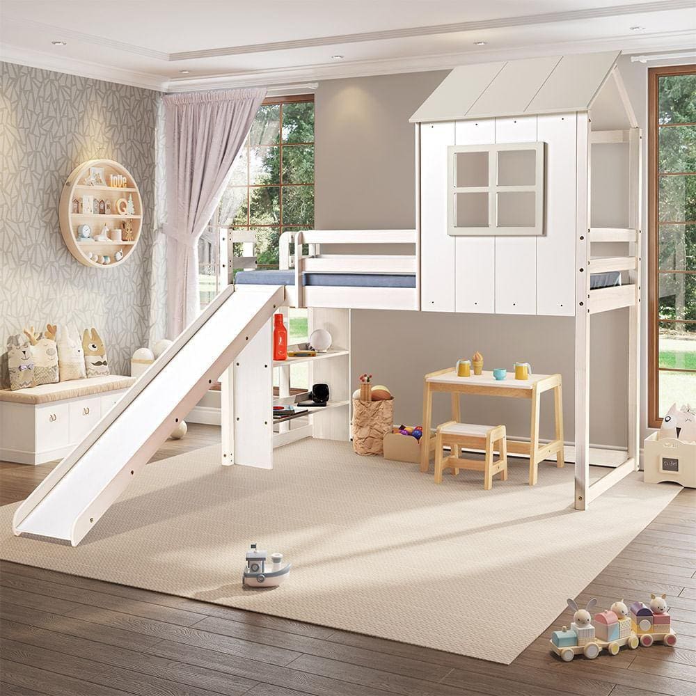 Cama Alta Infantil Cabana Family com Escorregador e Estante Branco/Off White - Casatema