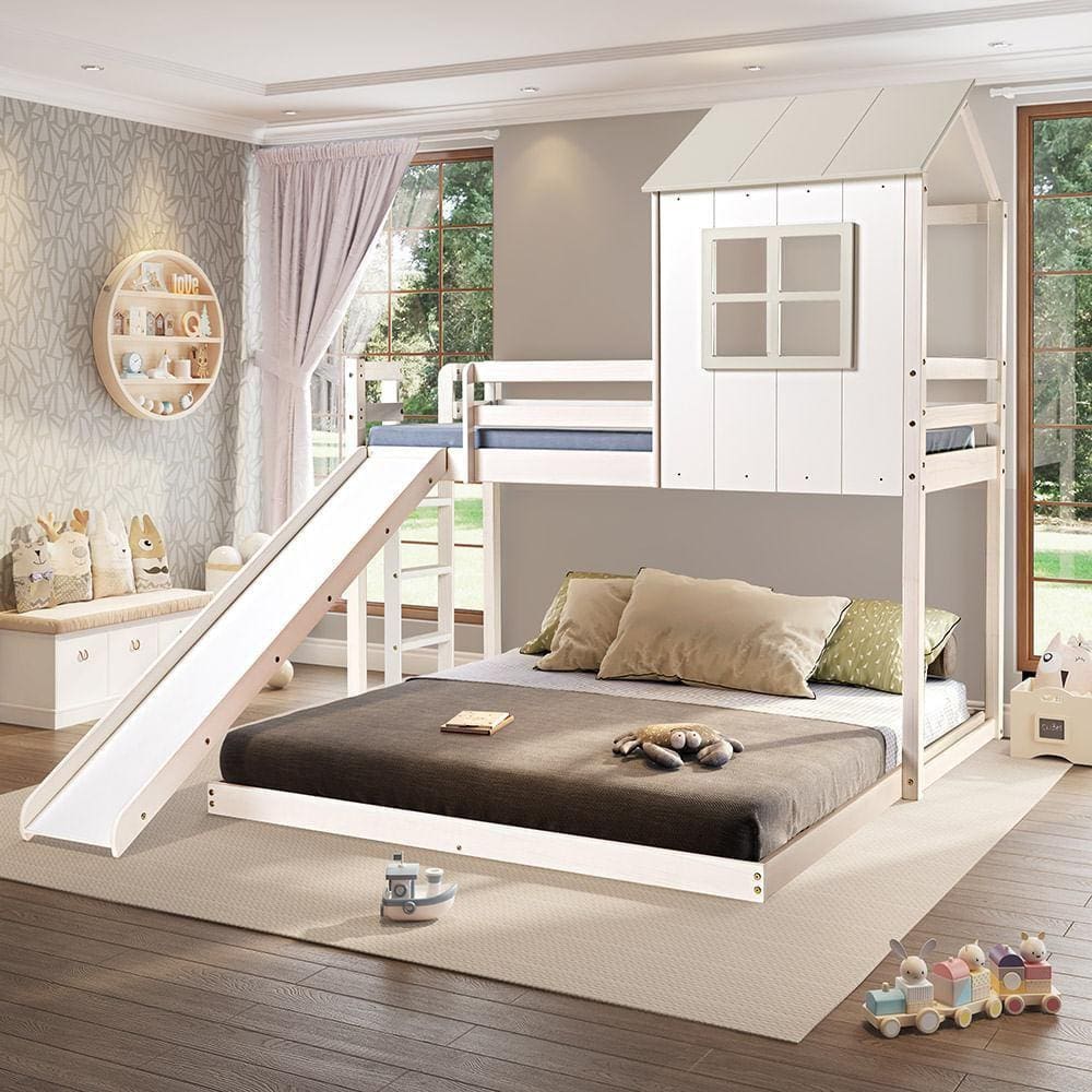 Beliche Queen Montessoriano Cabana Family com Escorregador Branco/Off White - Casatema