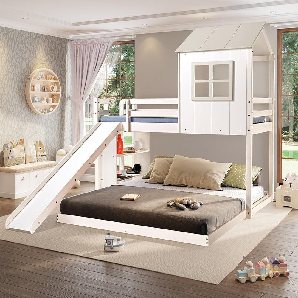 Beliche Queen Montessoriano Cabana Family com Escorregador e Estante Branco/Off White - Casatema
