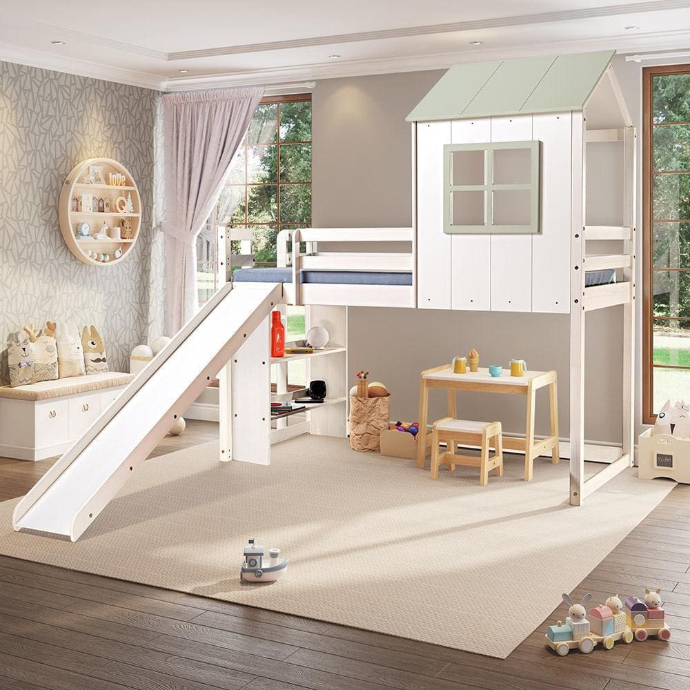 Cama Alta Infantil Cabana Family com Escorregador e Estante Branco/Verde - Casatema
