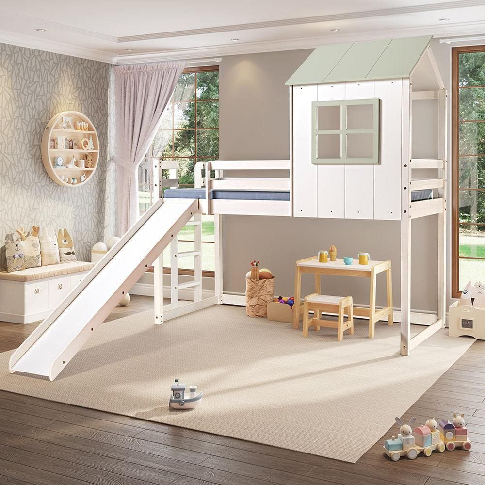 Cama Alta Infantil Cabana Family com Escorregador Branco/Verde - Casatema