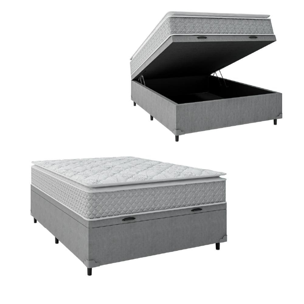 Cama Box Baú Casal Colchão Molas Ensacadas Pillow Top Perfect 138x188x74cm Cinza/Branco Umaflex - Suporta até 120kg por Pessoa