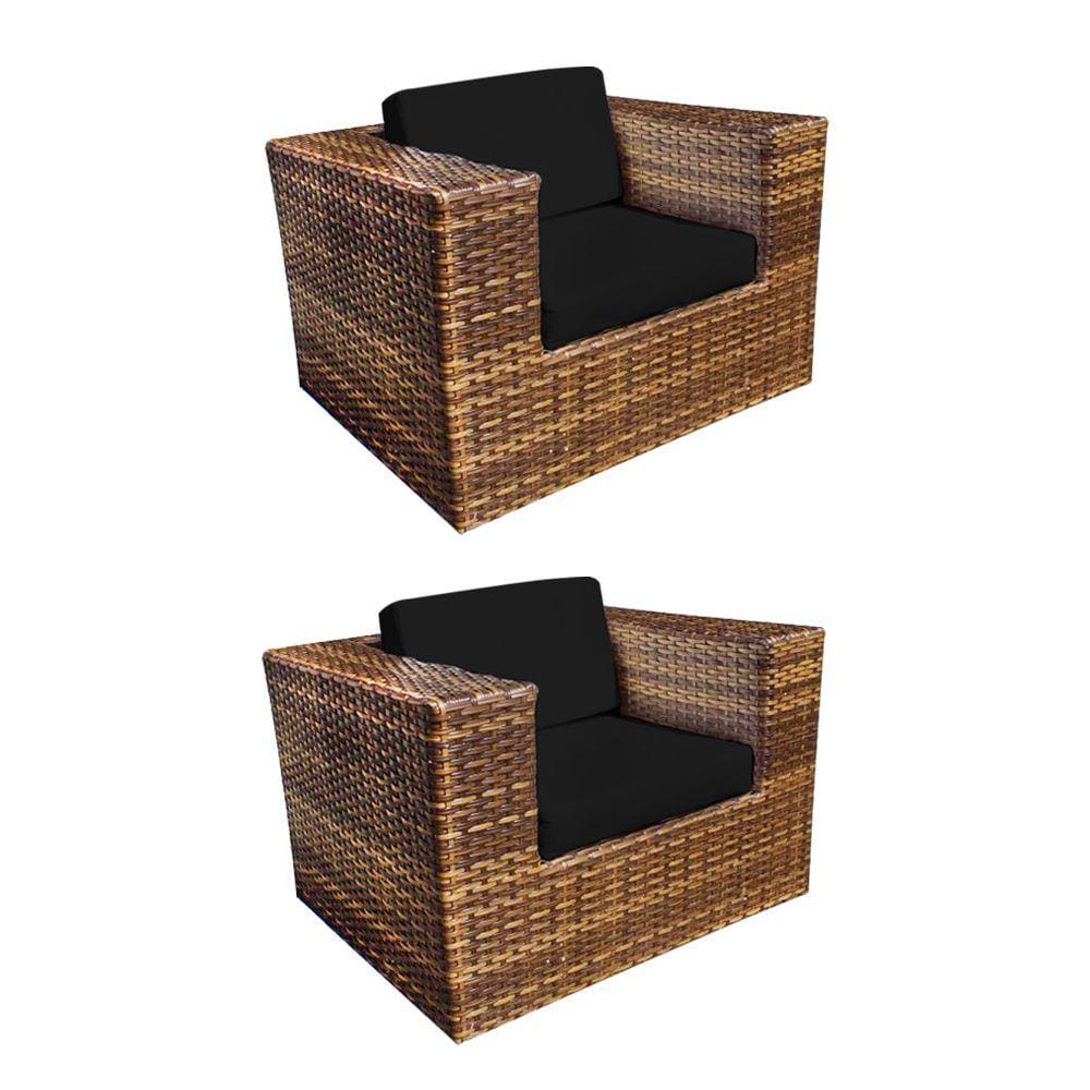 Kit 2 Poltronas Quadradas em Junco Copacabana Almofada Preta - Imbuia