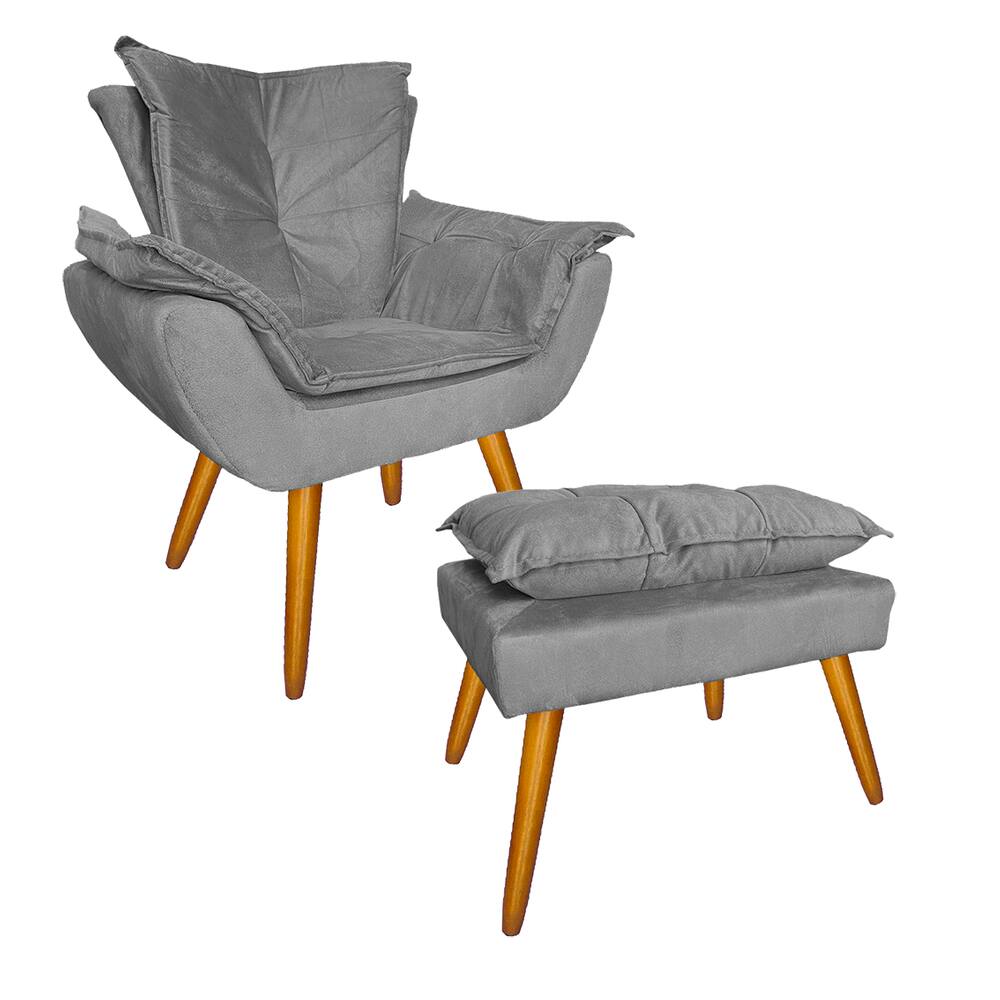 Kit Com 1 Poltrona e 1 Puff Para Quarto Sala Salão Apolo Suede Cinza - LM DECOR