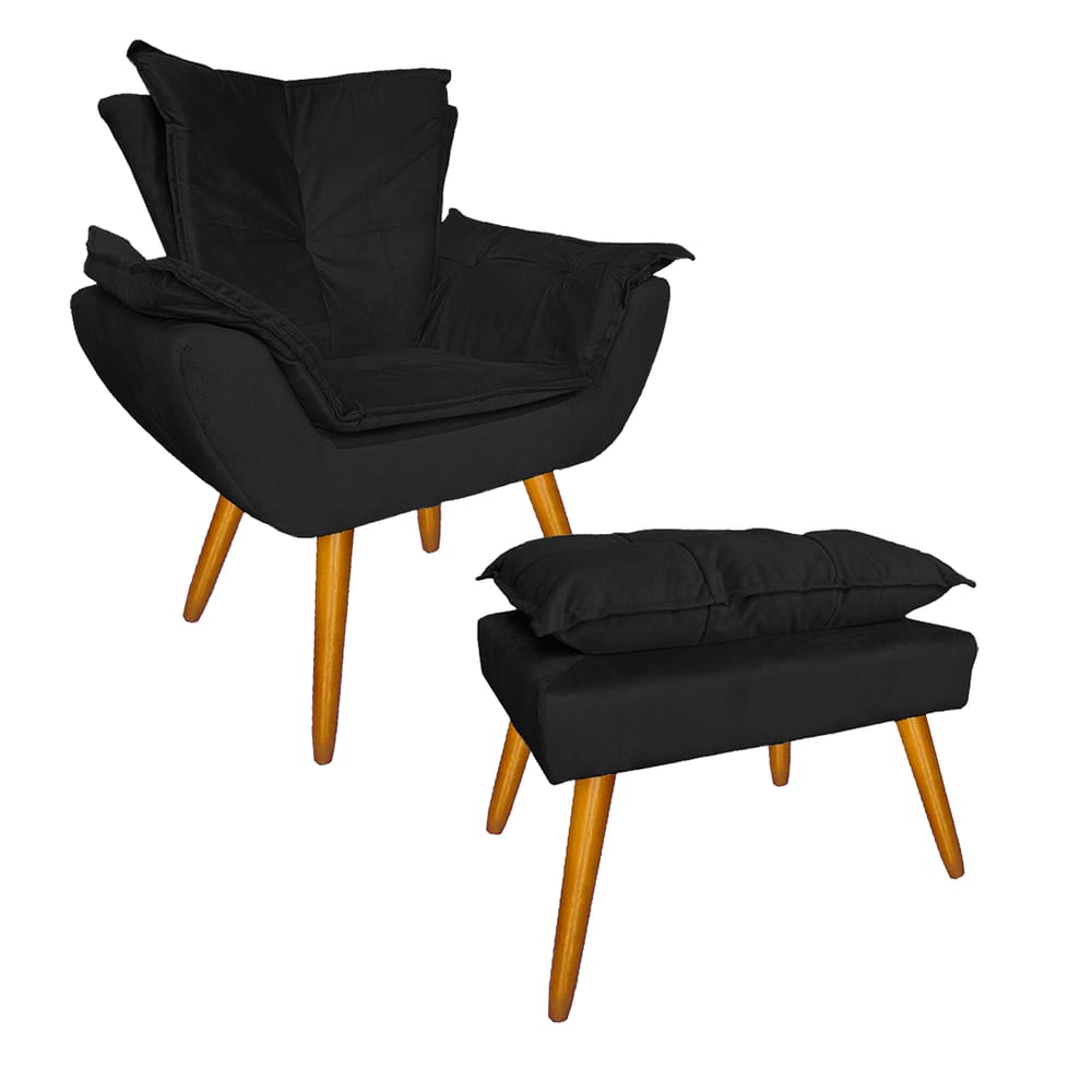 Kit Com 1 Poltrona e 1 Puff Para Quarto Sala Salão Apolo Suede Preto - LM DECOR
