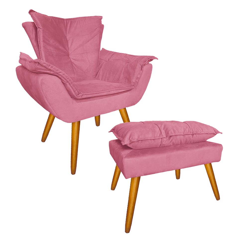 Conjunto Com 1 Poltrona e 1 Puff Para Salão de Beleza Apolo Suede Rosa Barbie - LM DECOR