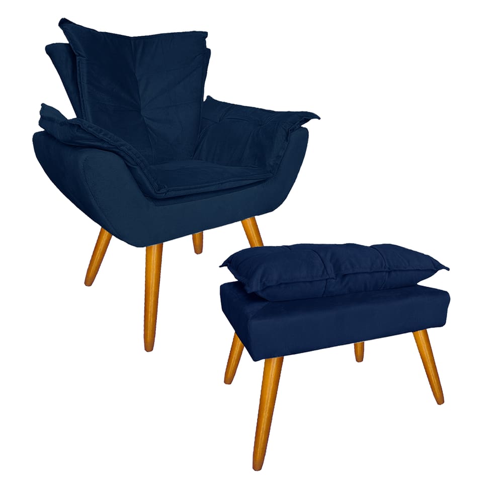 Combo 1 Poltrona e 1 Puff Para Recepção Consultório Clínica Apolo Suede Azul Marinho - LM DECOR