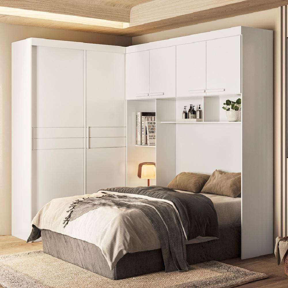 Guarda Roupas Modulado Com Cabeceira De Casal Florença 6 Portas 5 Gavetas Branco Moval Branco