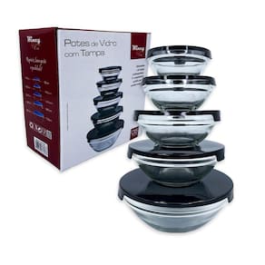 Conjunto 5 Potes de Vidro Redondo Hermético com Tampa