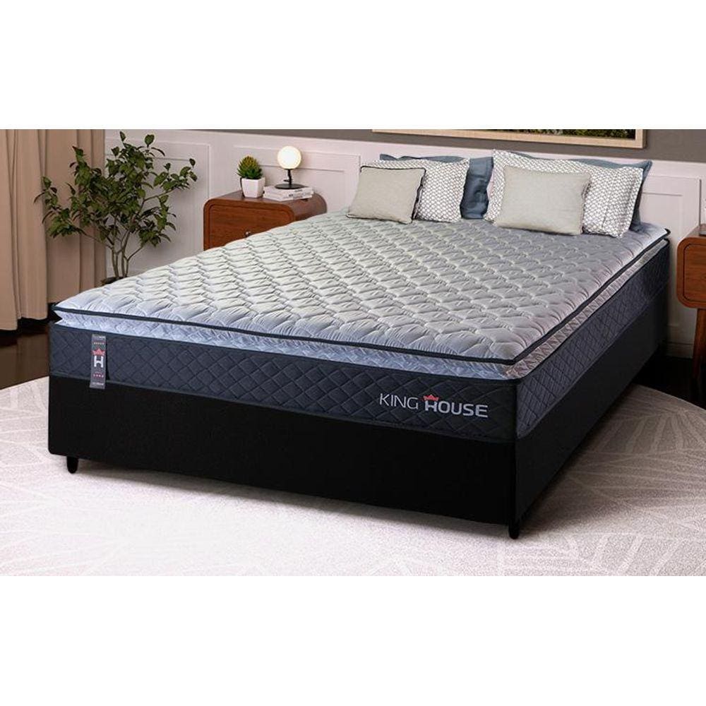 Conjunto Cama Box Casal Dakota Preto 138x188x57 Espuma D33