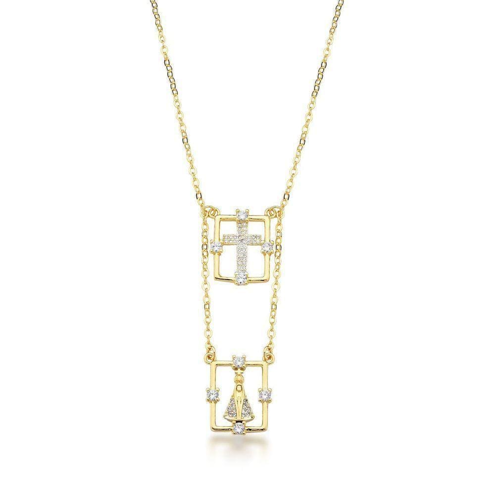 Colar Escapulário Longo Nossa Senhora Aparecida Banhado Ouro 18k - 80cm