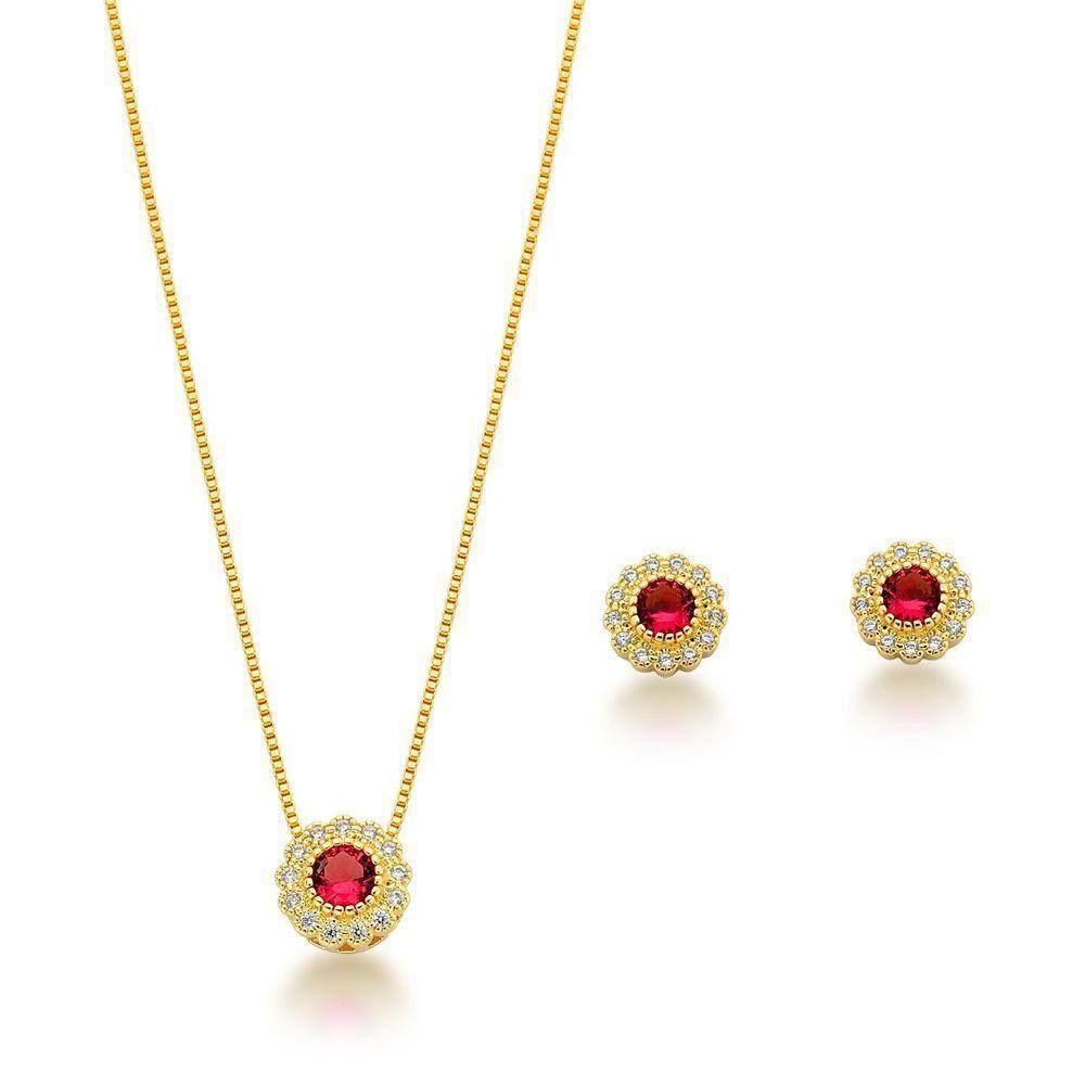 Conjunto Colar E Brincos Ponto De Luz Vermelho Banhado A Ouro 18k - Vermelha