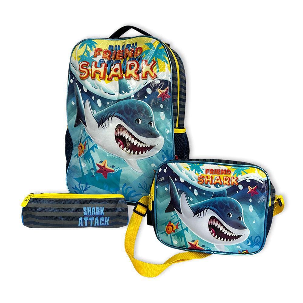Kit Mochila Infantil Escolar com 3 peças Tubarão