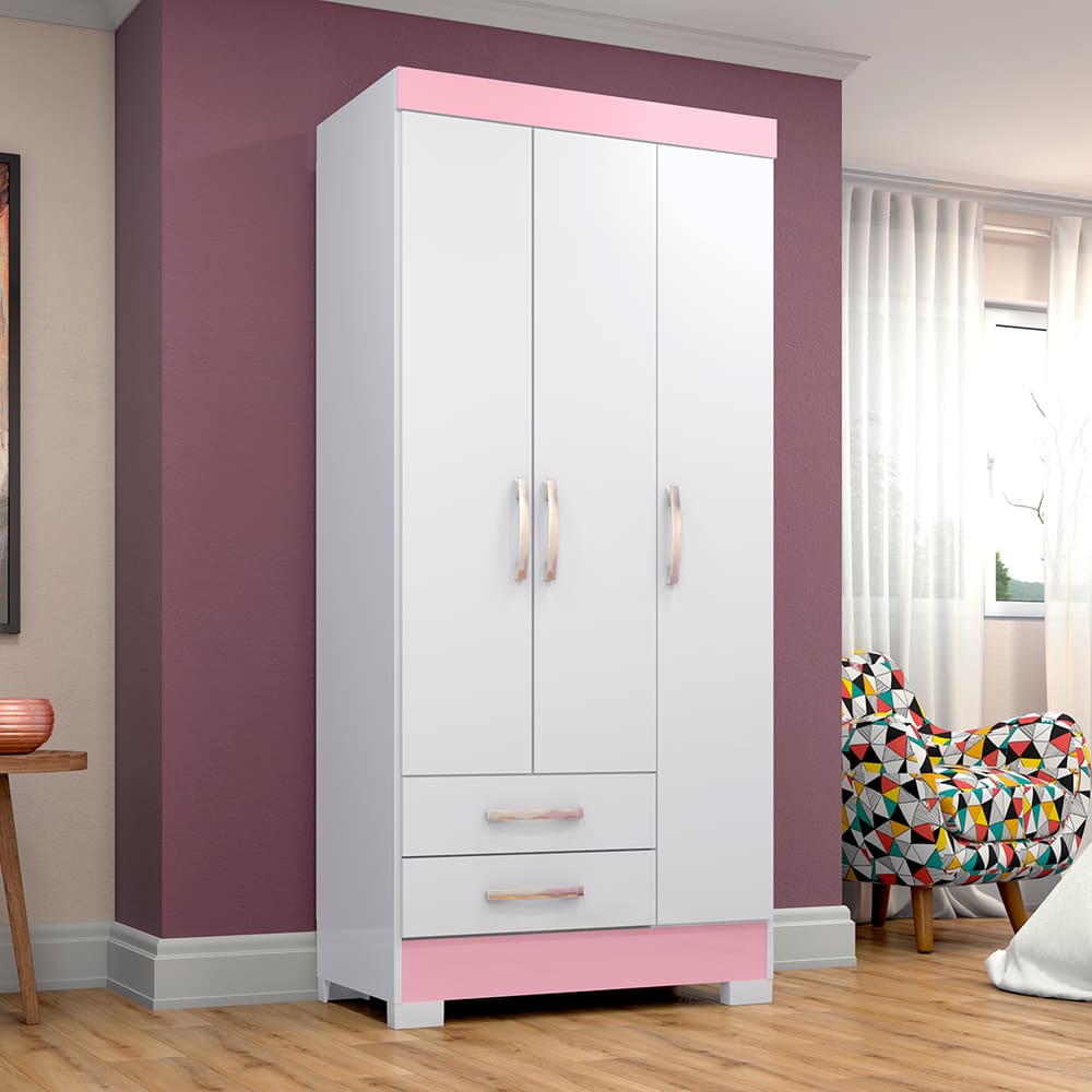 Guarda Roupas Solteiro Com 3 Portas 2 Gavetas Sem Espelho BE16 Flex Branco / Rosa Chá - Briz Móveis