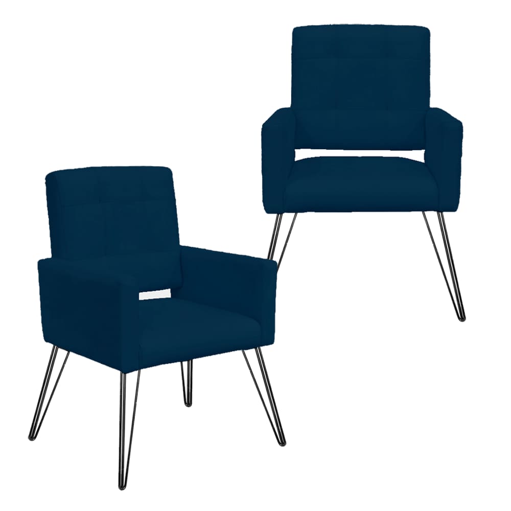 Combo 2 Poltronas Decorativas Para Escritório Pés de Ferro Camila Suede Azul Marinho - LM DECOR