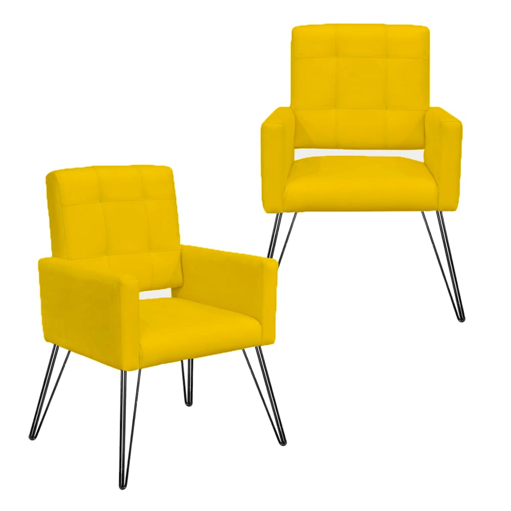 Conjunto 2 Poltronas Estofadas Para Consultório Pés de Ferro Camila Corano Amarelo - LM DECOR