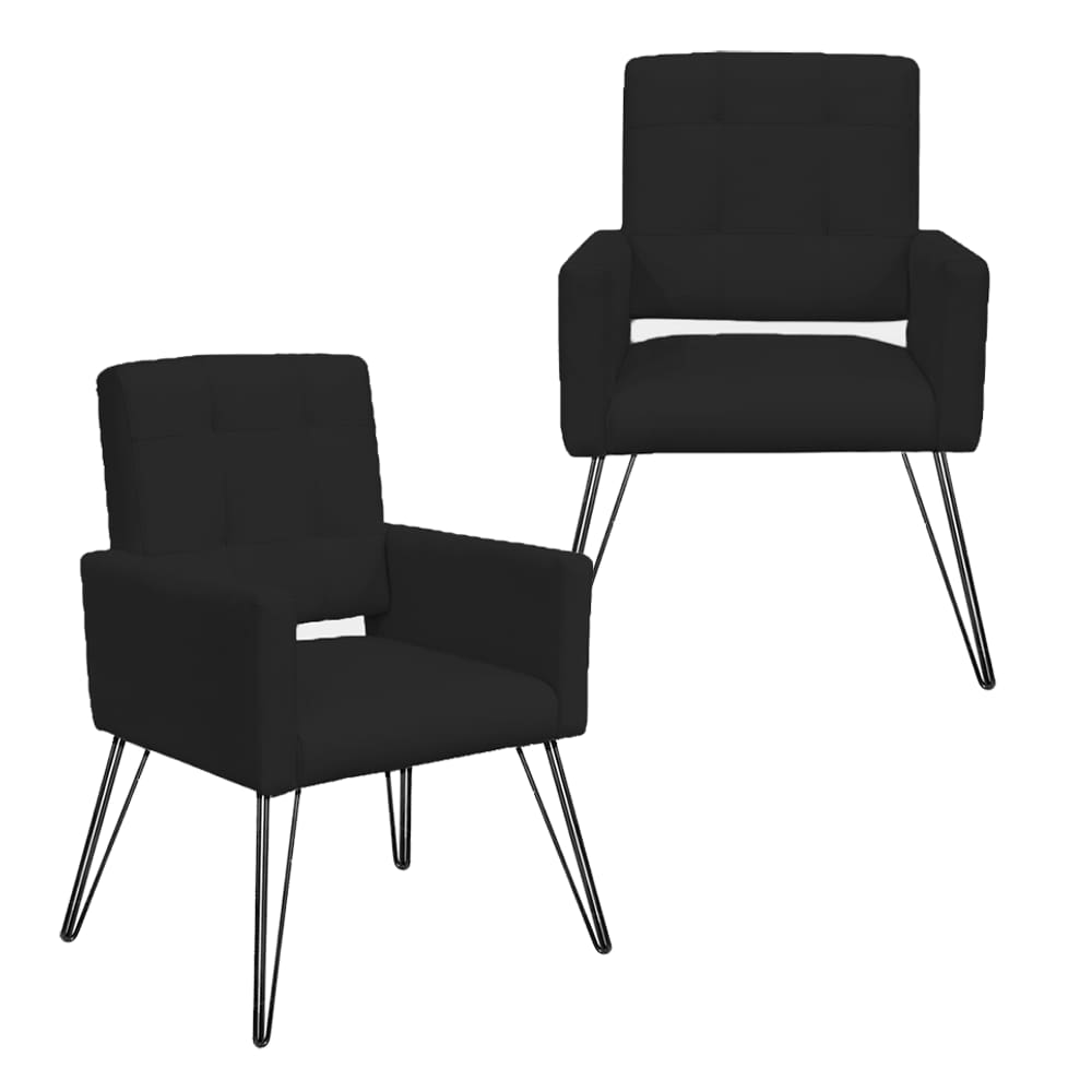 Conjunto 2 Poltronas Estofadas Para Consultório Pés de Ferro Camila Corano Preto - LM DECOR