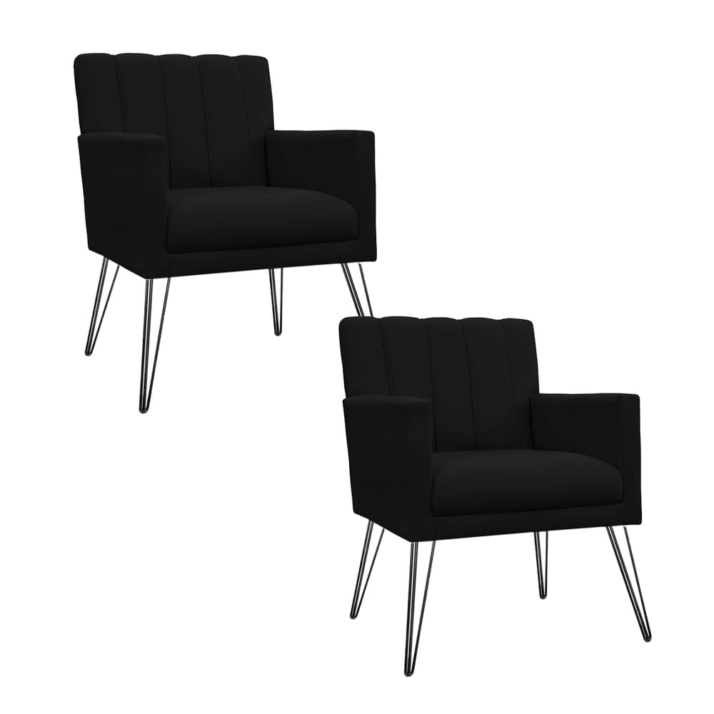 Kit 2 Poltronas Decorativas Sala de Espera Pés de Ferro Cecília Corano Preto - LM DECOR