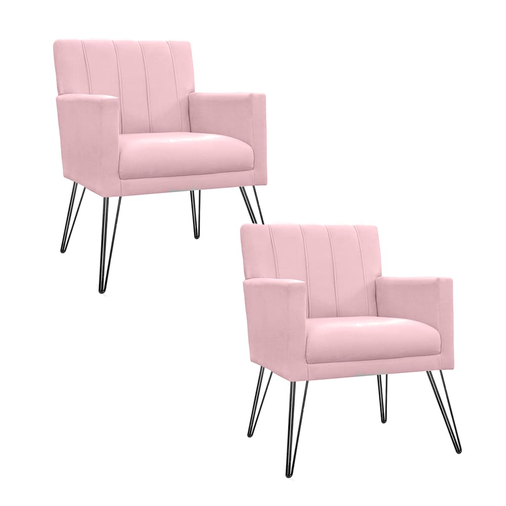 Kit 2 Poltronas Decorativas Sala de Espera Pés de Ferro Cecília Corano Rosa Bebe - LM DECOR