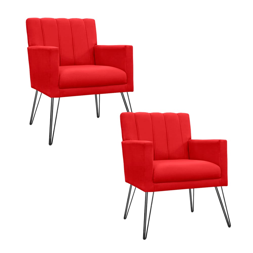 Kit 2 Poltronas Decorativas Sala de Espera Pés de Ferro Cecília Suede Vermelho - LM DECOR