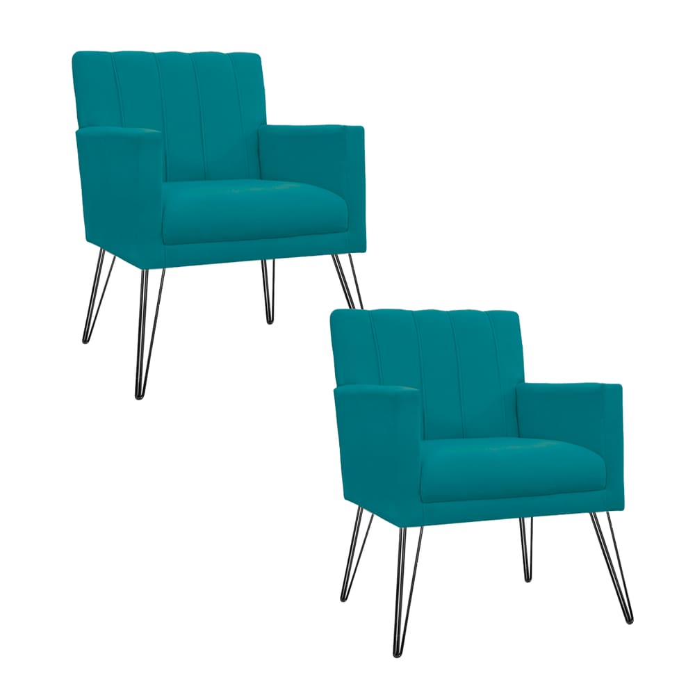Combo 2 Poltronas Estofadas Para Consultório Pés de Ferro Cecília Suede Azul Turquesa - LM DECOR