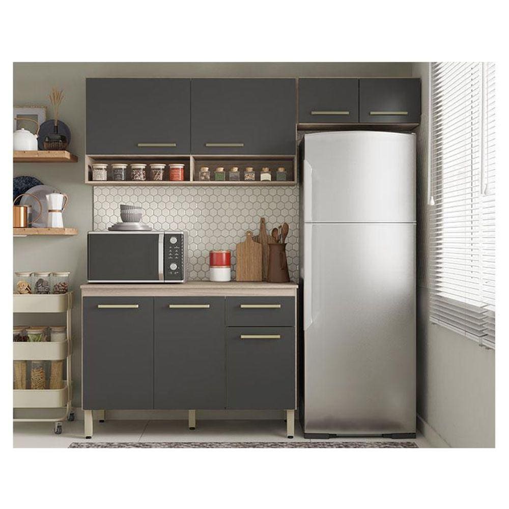 Cozinha Compacta Ambiente Dama Aéreos e Balcão Avena Grafito - Demóbile