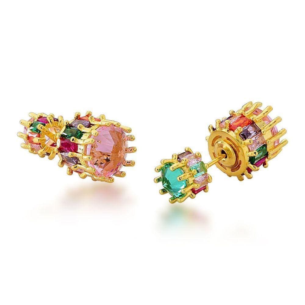 Brinco Colorido Delicado, Cravejado Com Zirconias Banhado A Ouro 18k - Rosa