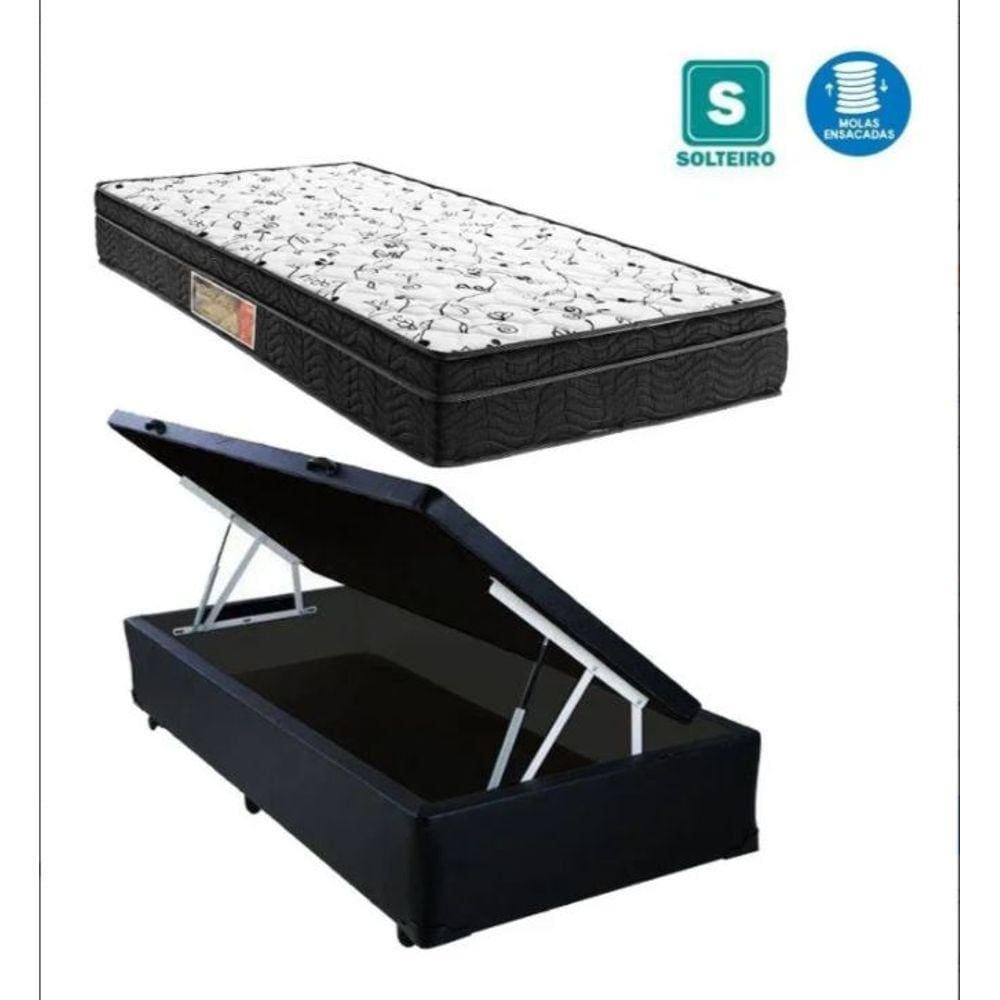 Cama Box Baú Solteiro Sono Suede Preto + Colchão Solteiro Sono Espuma D33 Com EPS 17x88x188