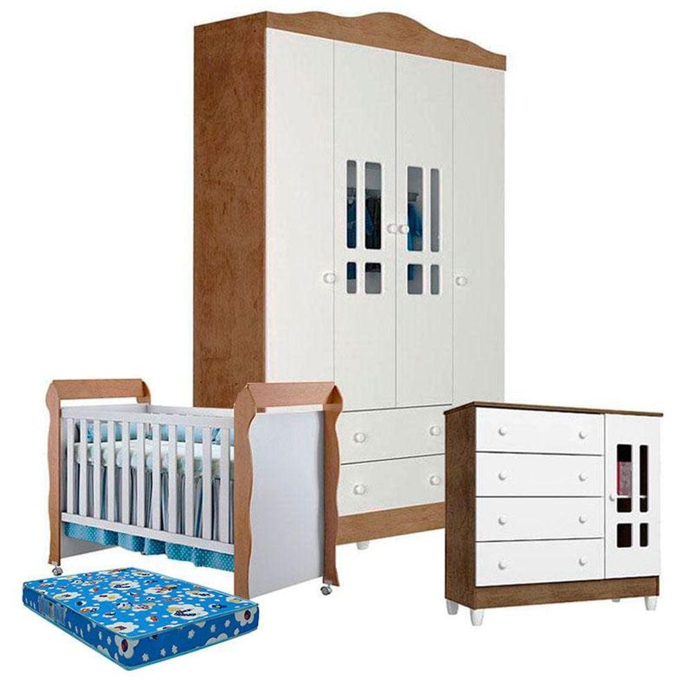 Quarto de Bebê Ariel 4 Portas com Berço Mirelle Branco Acetinado Amadeirado e Colchão - Carolina