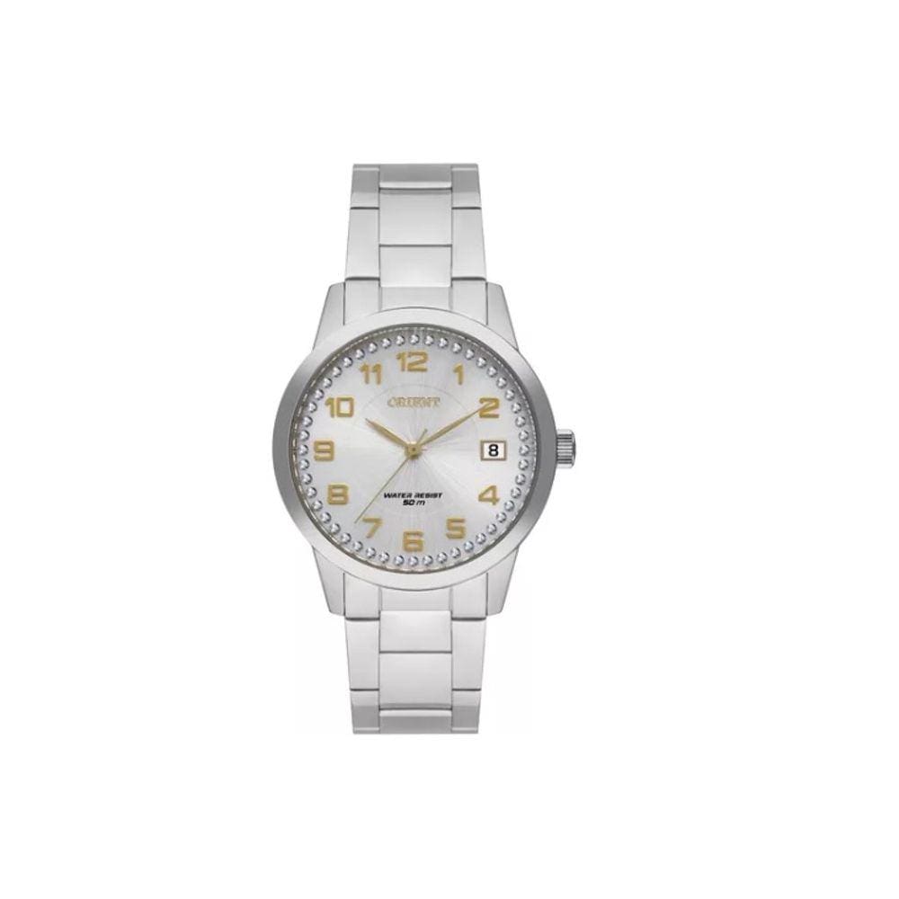 Relogio Orient feminino prata dourado numeros aço inox calendario FBSS1192 S2SX