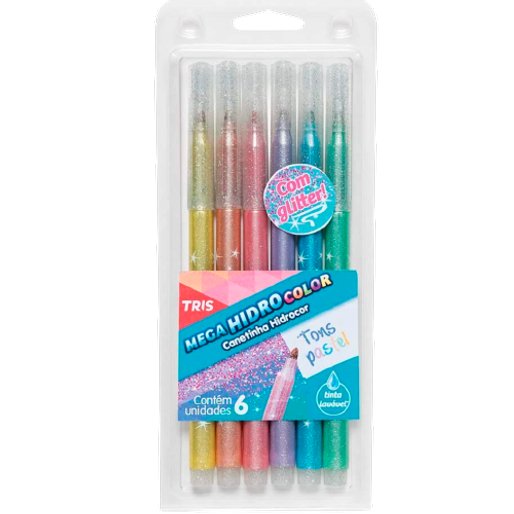 Caneta Hidrocor Mega hidroColor Pastel Glitter 6 cores TRIS