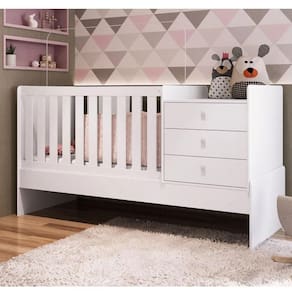Berço Multifuncional com Cômoda e Vira Cama Solteiro - Branco