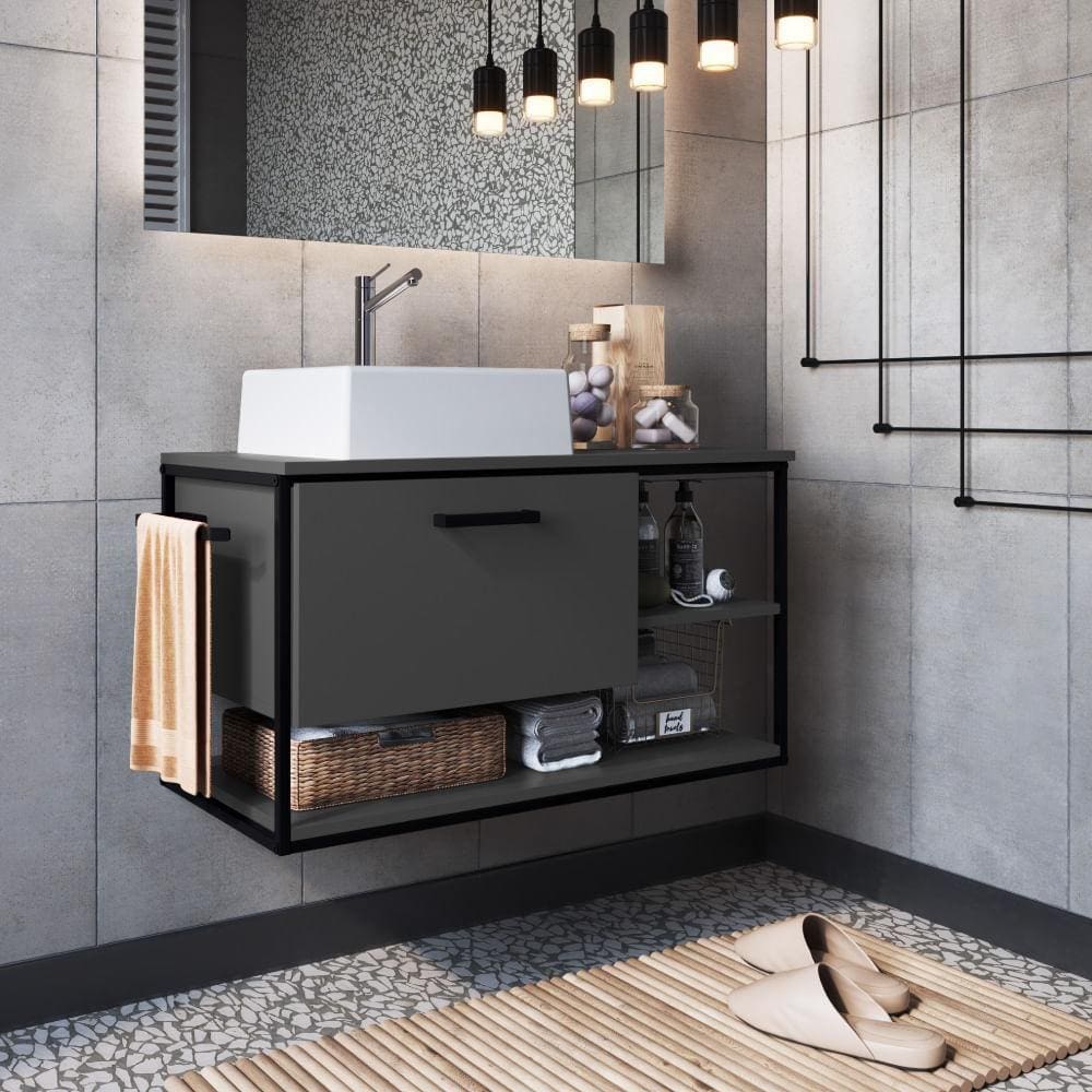 Gabinete para Banheiro Industrial Suspenso 80 cm com 1 Porta e Cuba - Preto/Grafite