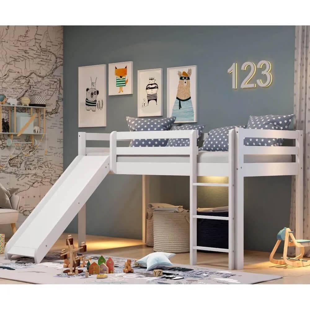Cama Alta Kids com Escorregador em Madeira Maciça - Branca